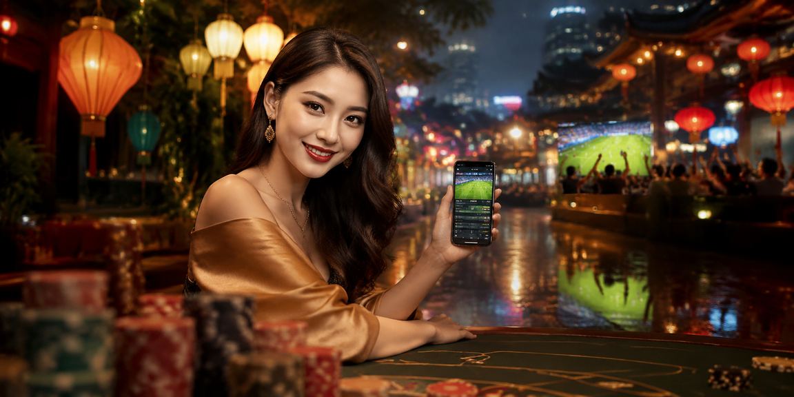 Người dùng chơi casino trên điện thoại tại chợ đêm Huế với đèn lồng rực rỡ